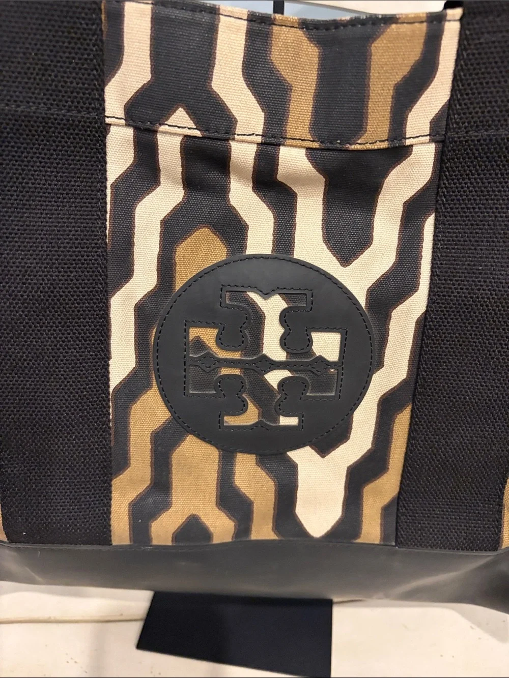 Tory Burch Ella Tote Canvas Bag in Black, Brown & Cream